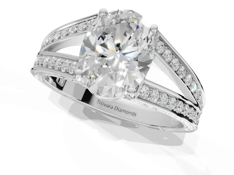 Oval Split Shank Pavé Engagement Ring Setting | Engraved Leaf Sides | Sterling Silver