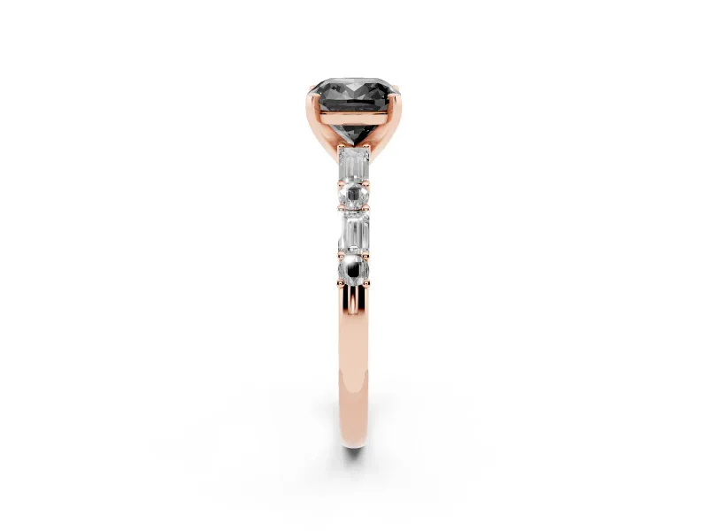 Cushion Cut Baguette Side Stone Engagement Ring Setting for a Black Center | Rose Gold
