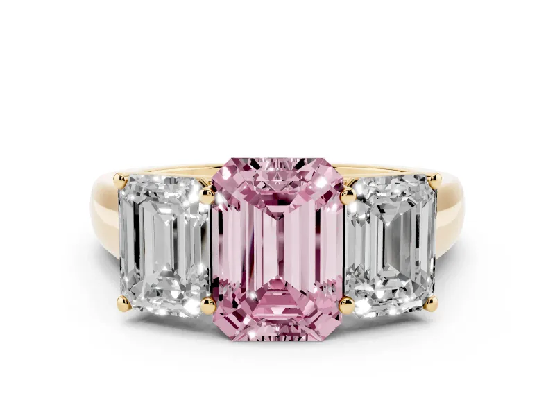 Fancy Pink Emerald Cut Diamond Three-Stone Ring Set in Yellow gold with Plain Polished Band