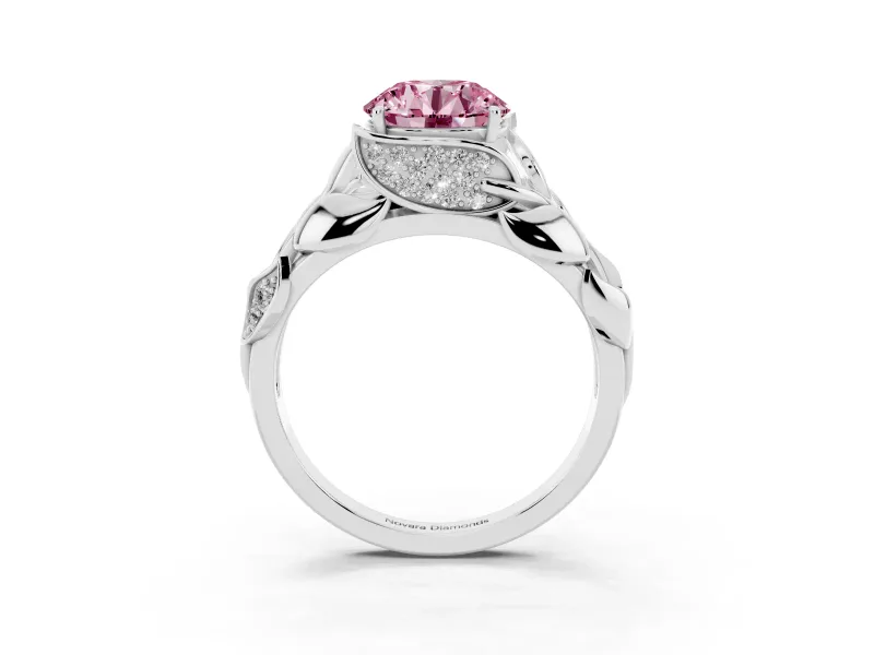 Fancy Pink Round Cut Diamond Leaf-Inspired Engagement Ring Set in Silver with Round Accents