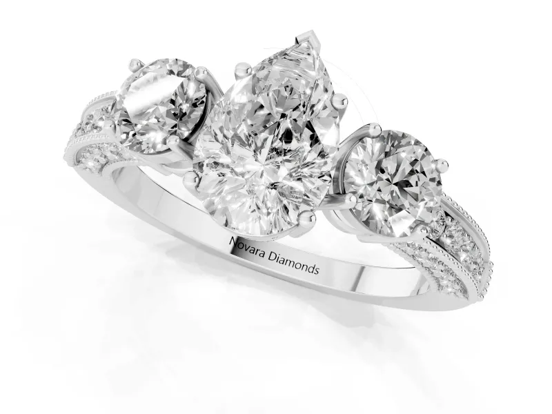 Pear-Shaped Vintage Three Stone Engagement Ring Setting | Graduated Milgrain Pave | Platinum