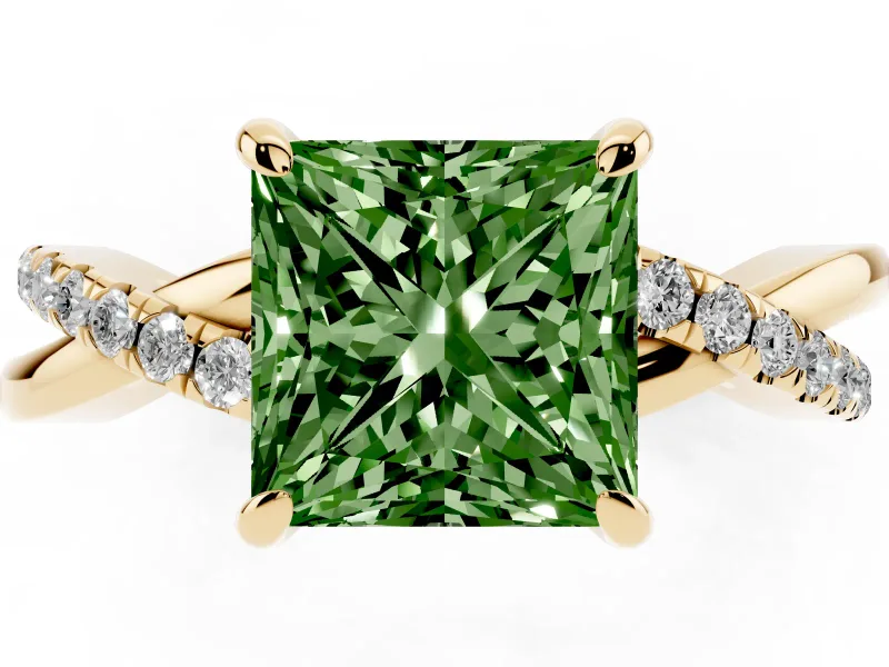 Fancy Green Princess Cut Diamond Twist Band Solitaire Set in Yellow gold with Pavé Accents and Prong Setting
