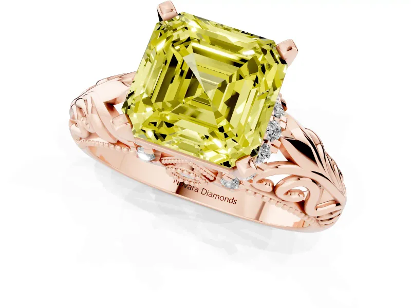 Fancy Yellow Asscher Cut Diamond Filigree Halo Engagement Ring Set in Rose gold with Prong Setting