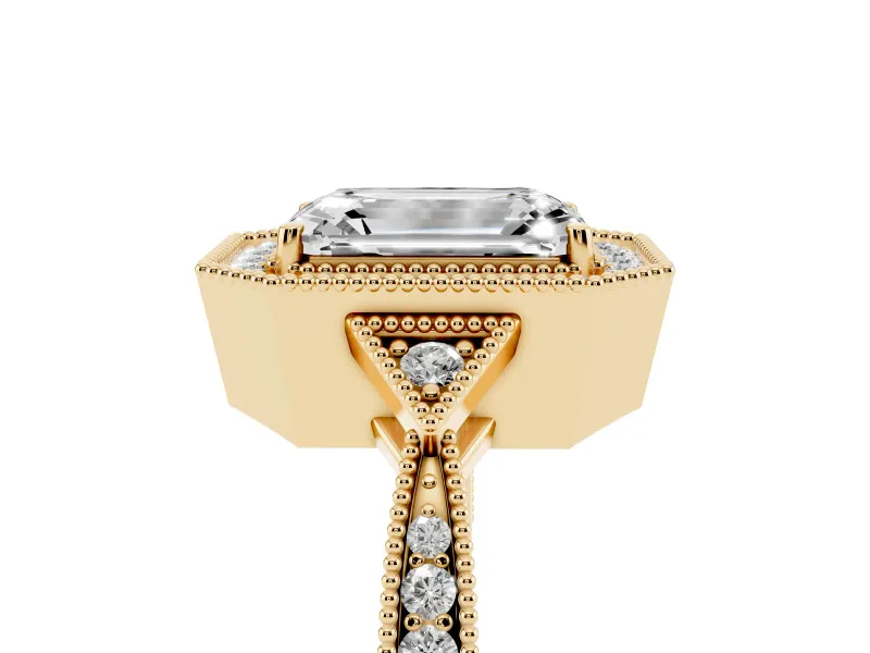 Emerald Cut Vintage Milgrain Halo Engagement Ring Setting | Graduated Pavé Band | Yellow Gold
