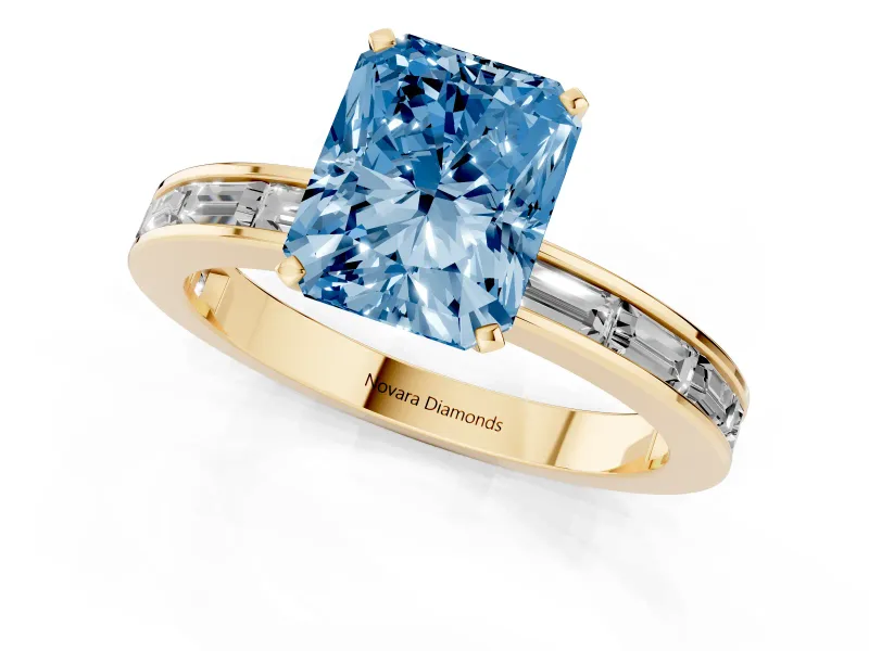 Fancy Blue Radiant Cut Diamond Solitaire Ring Set in Yellow gold with Channel-Set Baguette Band and Prong Setting