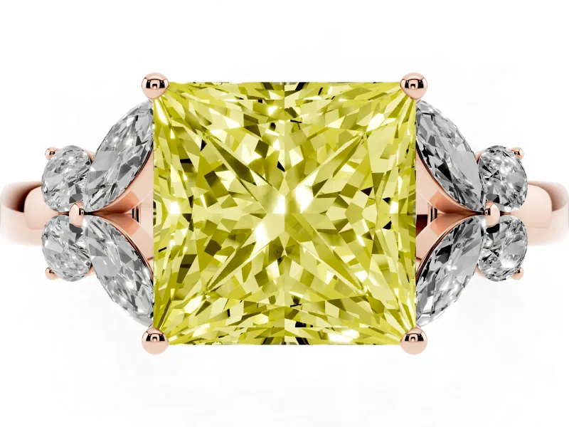 Fancy Yellow Princess Cut Diamond Solitaire Floral Ring Set in Rose gold with Marquise Petals and Prong Setting