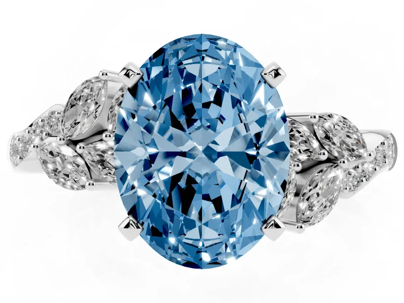 Fancy Blue Oval Cut Diamond Solitaire Ring Set in White gold with Marquise Twist Band and Prong Setting