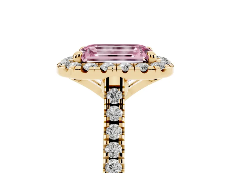 Emerald Cut Halo Engagement Ring Setting for a Fancy Pink Lab-Grown Diamond | Tapered Band | Yellow Gold