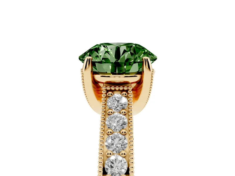 Round Vintage Hidden Halo Engagement Ring Setting for a Fancy Green Lab-Grown Diamond | Milgrain Pave Band | Yellow Gold