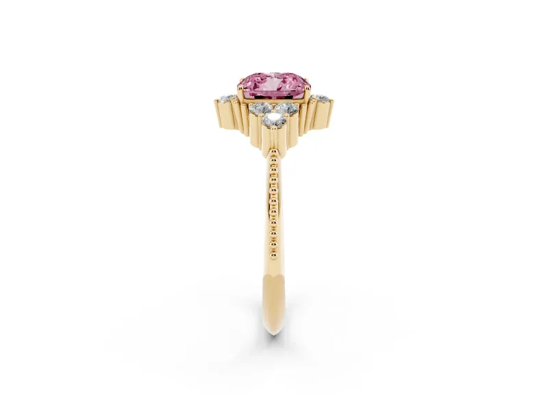 Cushion Cut Cluster Engagement Ring Setting for a Fancy Pink Lab-Grown Diamond | Yellow Gold