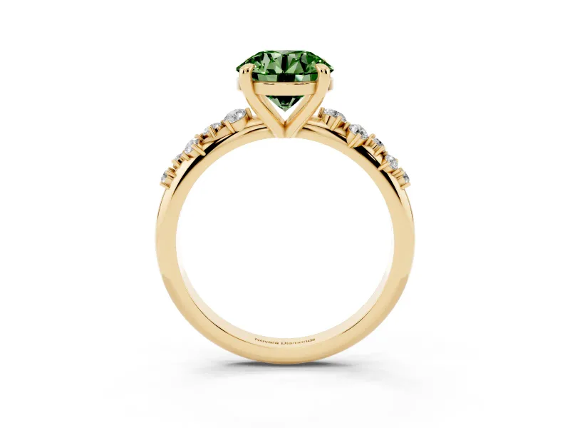 Fancy Green Round Cut Diamond Solitaire Vine Band Ring Set in Yellow gold with Round Accents and Prong Setting