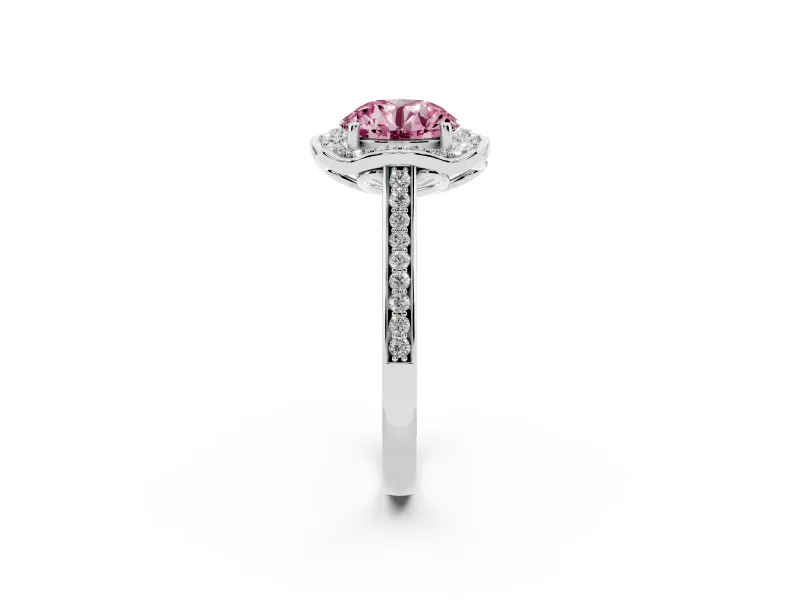 Round Halo Engagement Ring Setting for a Fancy Pink Lab-Grown Diamond | Petal Tips | Platinum