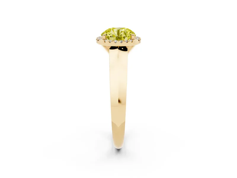 Fancy Yellow Round Cut Diamond Halo Ring Set in Yellow gold with Cathedral Band and Prong Setting