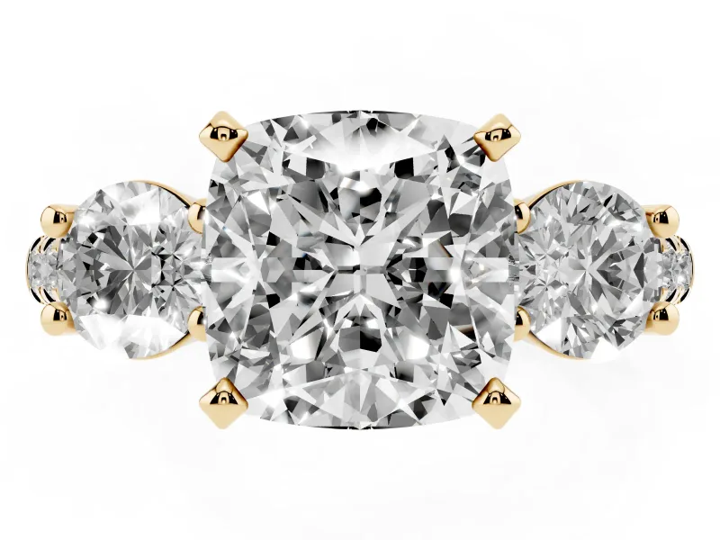 Cushion Cut Three-Stone Pavé Engagement Ring Setting | Round Side Stones | Yellow Gold