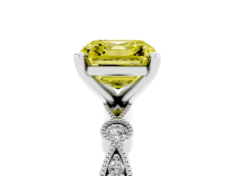 Fancy Yellow Asscher Cut Diamond Solitaire Engagement Ring Set in Silver with Milgrain Bezel Accent Band