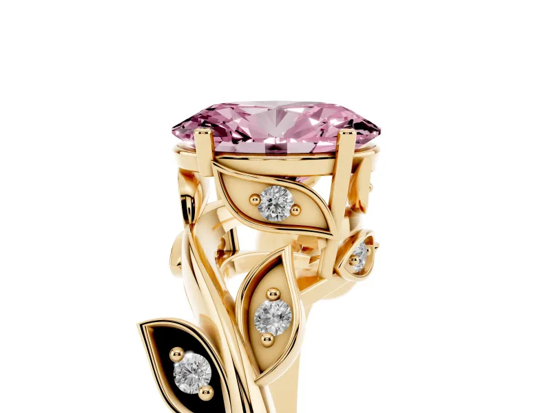 Fancy Pink Oval Cut Diamond Solitaire Twist Engagement Ring Set in Yellow gold with Pavé Leaf Accents