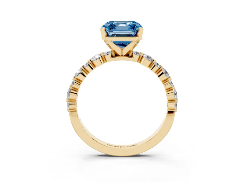 Fancy Blue Asscher Cut Diamond Prong Set Engagement Ring Set in Yellow gold with Round Accent Pavé Band
