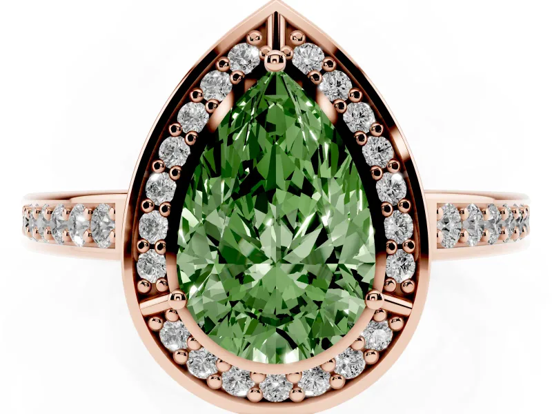 Fancy Green Pear Cut Diamond Halo Pavé Split Shank Ring Set in Rose gold with Prong Setting