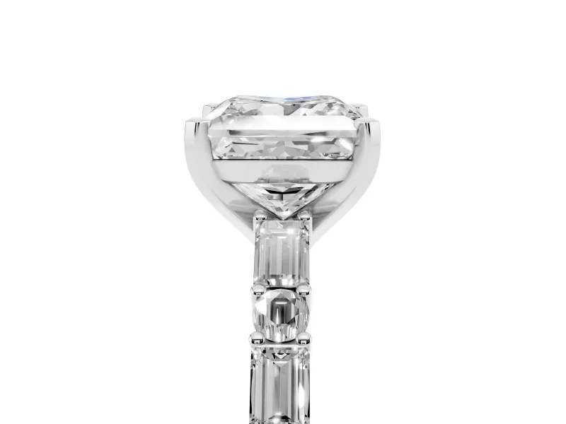 Princess Cut Baguette Side Stone Engagement Ring Setting | Alternating Accents | White Gold