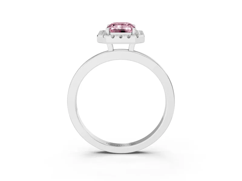 Fancy Pink Emerald Cut Diamond Halo Solitaire Ring Set in Platinum with Pavé Band and Prong Setting