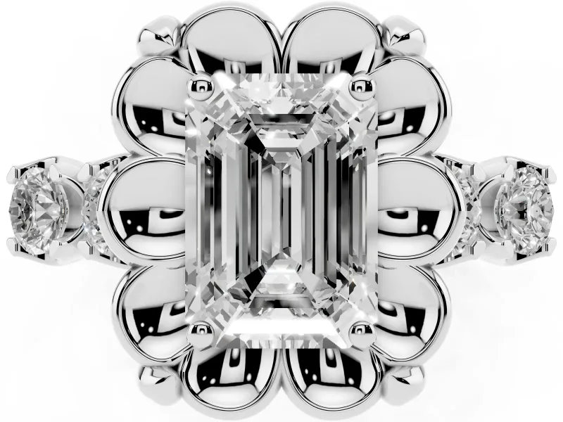 Emerald Cut Floral Engagement Ring Setting | Petal Frame and Side Stones | White Gold