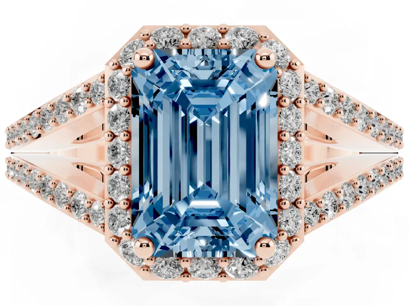 Emerald Cut Split Shank Halo Engagement Ring Setting for a Fancy Blue Lab-Grown Diamond | Rose Gold