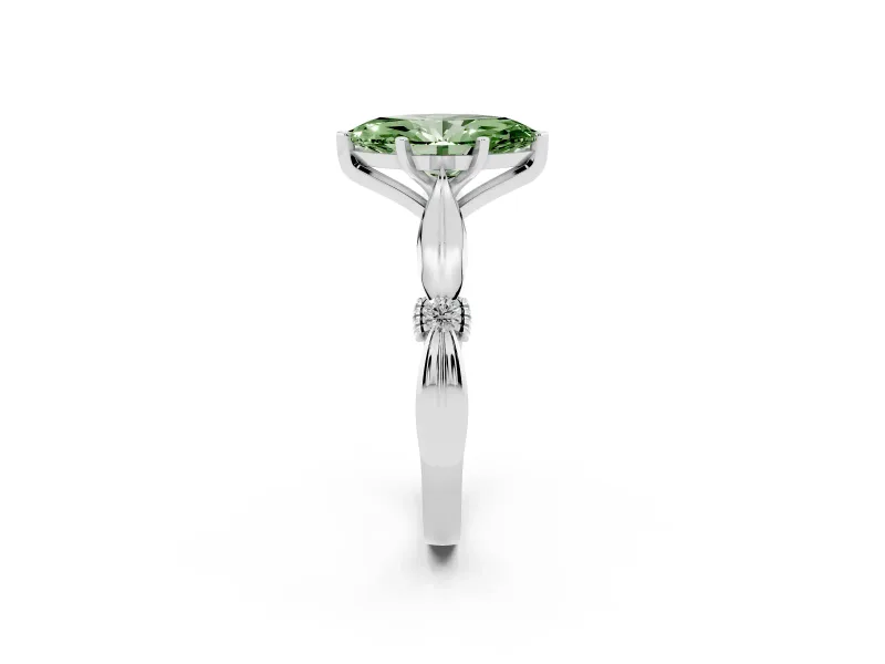 Fancy Green Marquise Cut Diamond Solitaire Twisted Band Ring Set in Platinum with Accent Stones and Prong Setting