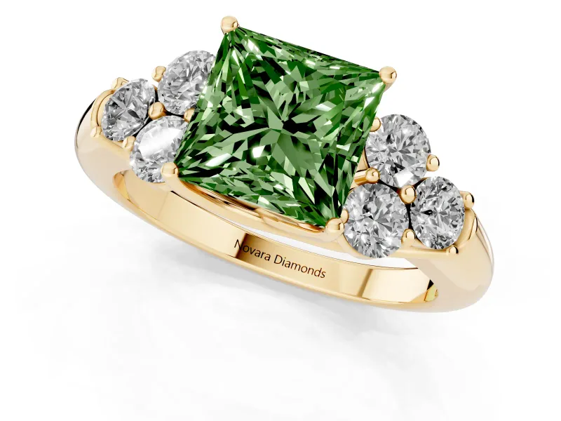 Fancy Green Princess Cut Diamond Cluster Ring Set in Yellow gold with Round Accent Stones and Prong Setting on a Plain Band