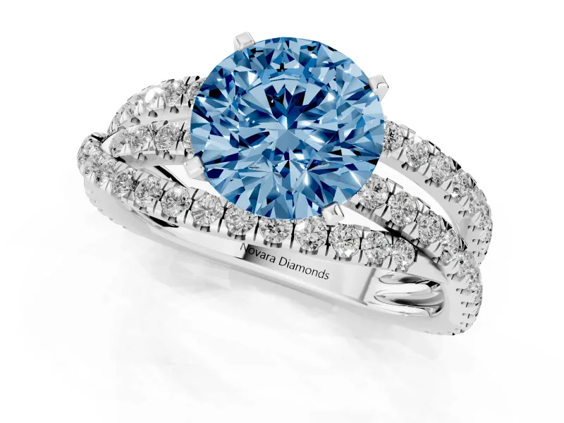 Fancy Blue Round Cut Diamond Solitaire Twist Band Ring Set in White gold with Pavé Setting and Prong Head