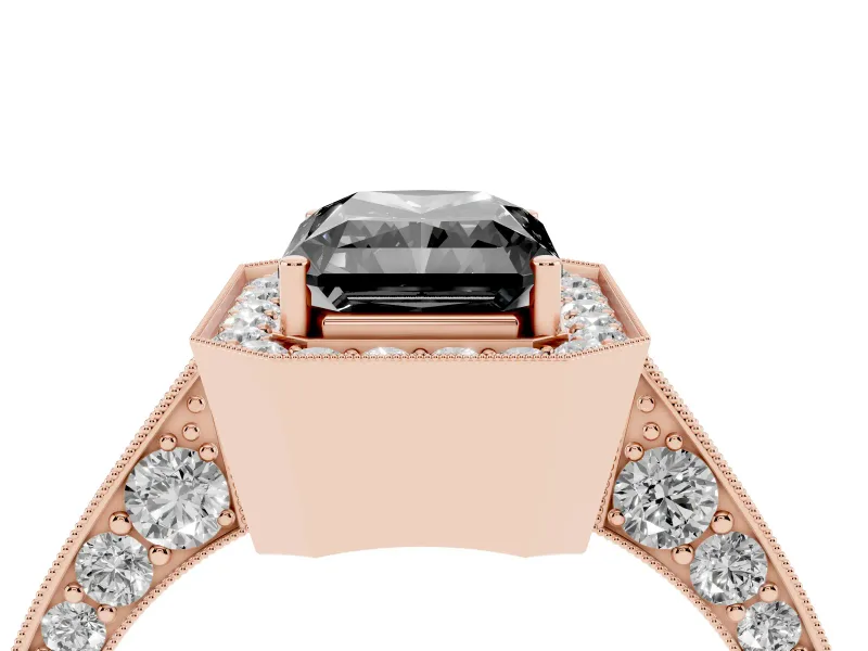 Radiant Cut Milgrain Halo Engagement Ring Setting for a Black Center | Side Stones | Rose Gold