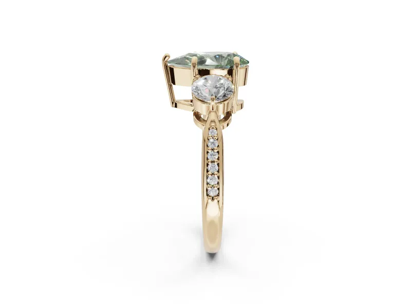 Pear-Shaped Three Stone Engagement Ring Setting for a Fancy Green Lab-Grown Diamond | Tapered Pave Band | Yellow Gold