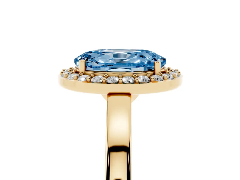 Fancy Blue Oval Cut Diamond Halo Ring Set in Yellow gold with Solitaire Band and Prong Setting