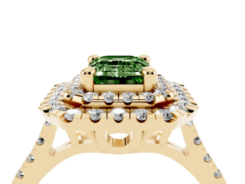 Fancy Green Emerald Cut Diamond Double Halo Statement Ring Set in Yellow gold with Pavé Band