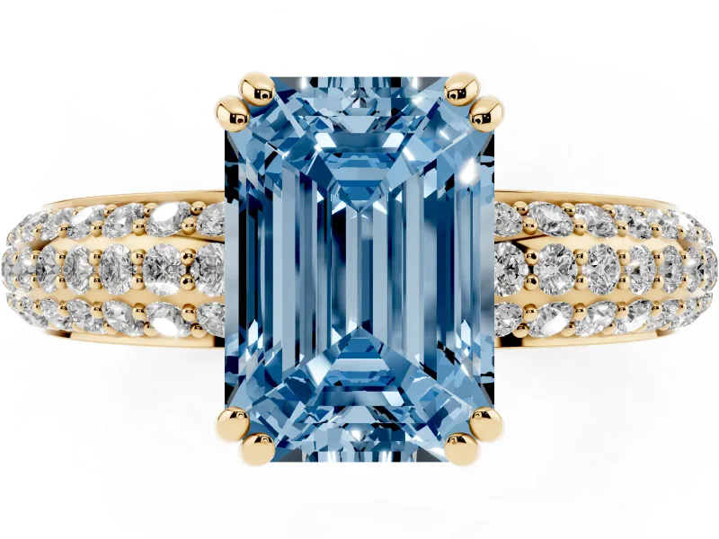 Emerald Cut Three Row Pave Engagement Ring Setting for a Fancy Blue Lab-Grown Diamond | Yellow Gold