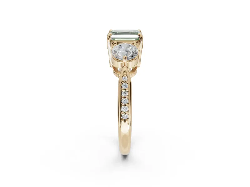 Asscher Cut Three Stone Engagement Ring Setting for a Fancy Green Lab-Grown Diamond | Tapered Pave Band | Yellow Gold