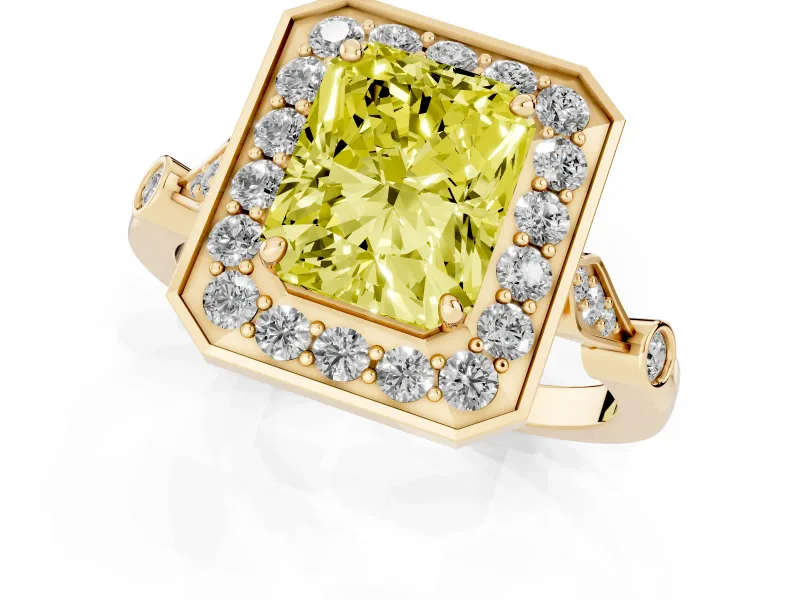 Radiant Cut Halo Engagement Ring Setting for a Fancy Yellow Lab-Grown Diamond | Bezel Station Shoulders | Yellow Gold