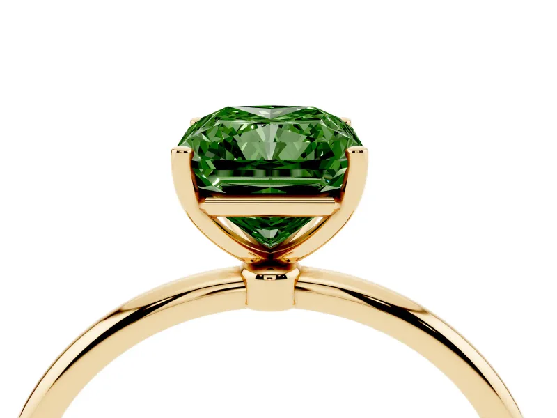 Fancy Green Radiant Cut Diamond Solitaire Engagement Ring Set in Yellow gold with Thin Band and Prong Setting