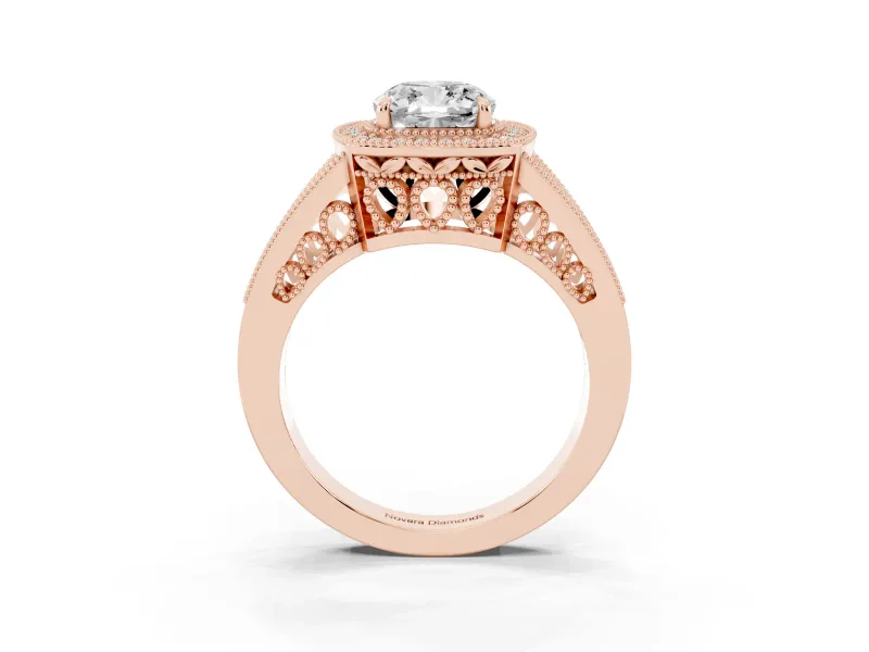 Cushion Cut Vintage Milgrain Halo Engagement Ring Setting | Pave Split Shank | Rose Gold