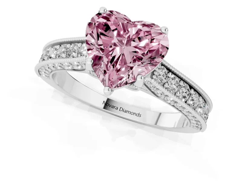 Heart-Shaped Hidden Halo Engagement Ring Setting for a Fancy Pink Lab-Grown Diamond | Milgrain Pave | Sterling Silver