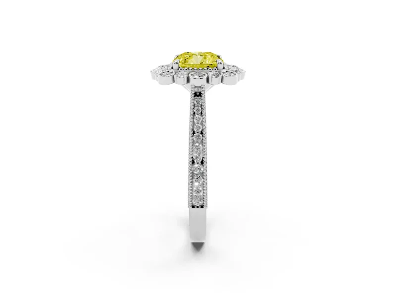 Fancy Yellow Cushion Cut Diamond Halo Milgrain Pavé Ring Set in Silver with Prong Setting