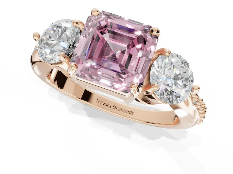 Asscher Cut Three Stone Engagement Ring Setting for a Fancy Pink Lab-Grown Diamond | Tapered Pave Band | Rose Gold