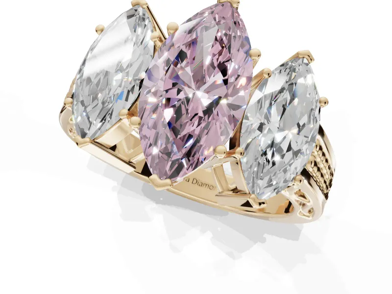 Marquise Three Stone Engagement Ring Setting for a Fancy Pink Lab-Grown Diamond | Beaded Shoulders | Yellow Gold