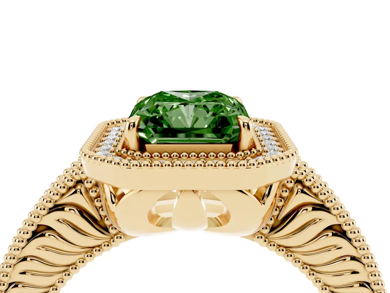 Fancy Green Radiant Cut Diamond Halo Ring Set in Yellow gold with Round Accent Halo, Pavé Band and Prong Setting
