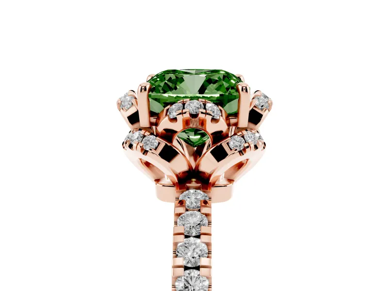 Fancy Green Cushion Cut Diamond Halo Pavé Band Ring Set in Rose gold with Prong-Held Center
