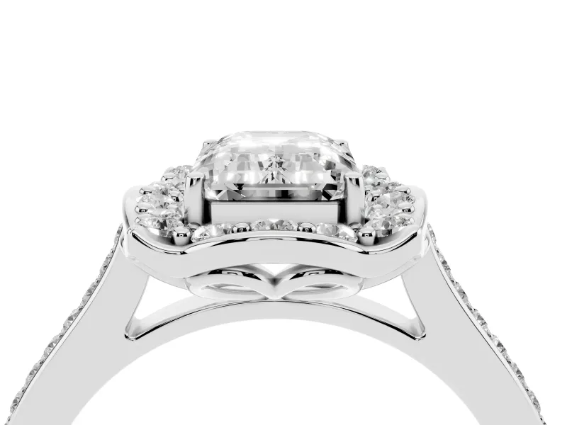 Emerald Cut Petal Tip Halo Engagement Ring Setting | Single Row Pavé Band | Platinum
