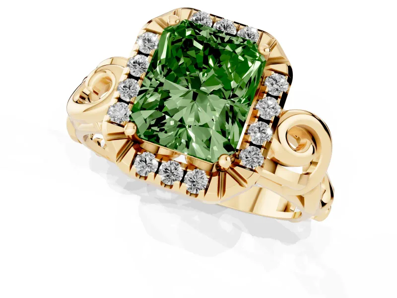 Radiant Cut Filigree Halo Engagement Ring Setting for a Fancy Green Lab-Grown Diamond | Yellow Gold