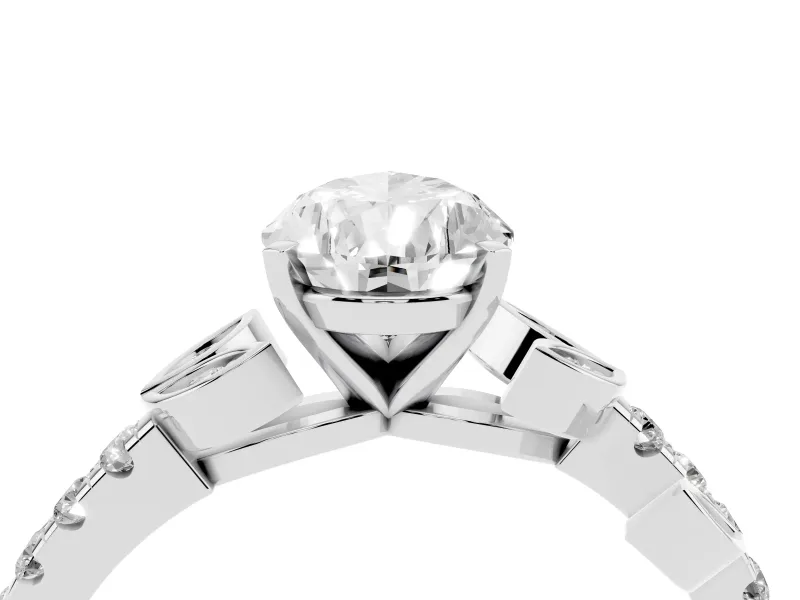 Pear Cut Diamond Solitaire Leaf-Inspired Ring Set in White gold with Pavé Band and Prong Setting