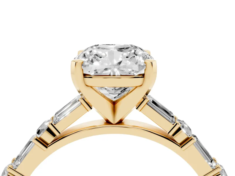 Cushion Cut Baguette Side Stone Engagement Ring Setting | Alternating Accents | Yellow Gold