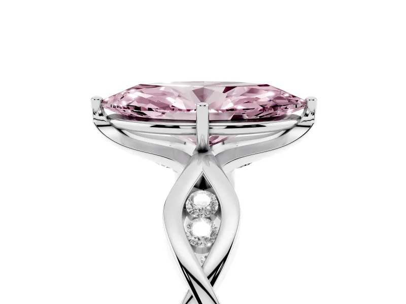 Fancy Pink Marquise Cut Diamond Twist Band Solitaire Ring Set in Platinum with Leaf Prong Setting and Accent Stones