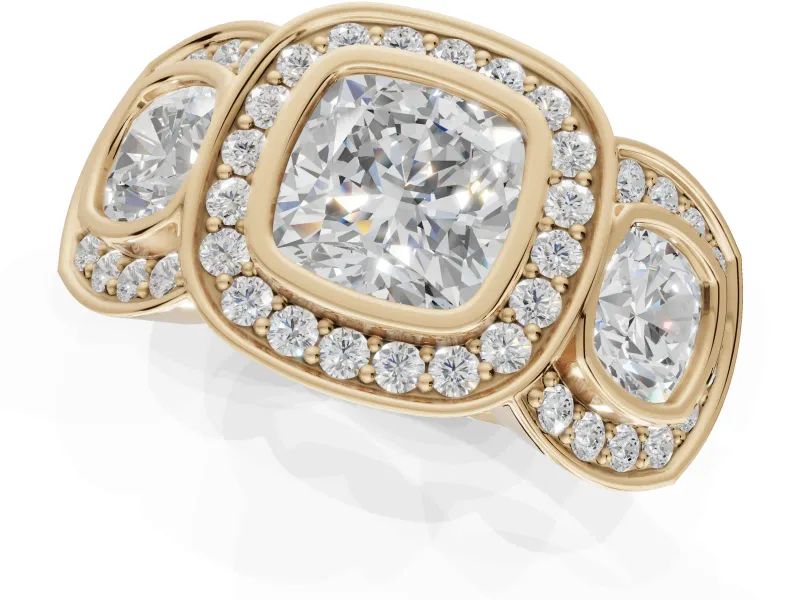 Cushion Cut Three Stone Halo Engagement Ring Setting | Bezel Set | Yellow Gold